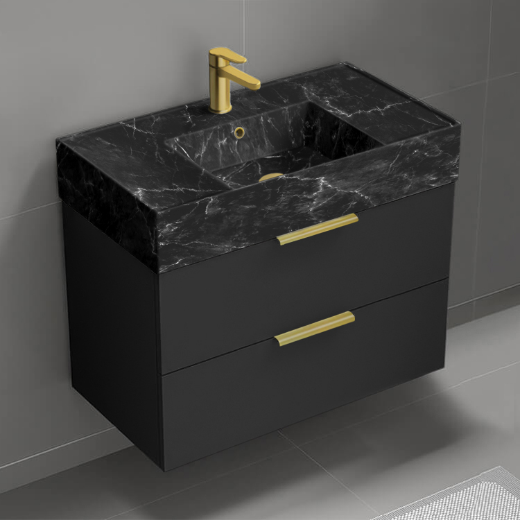 Nameeks DERIN877 Bathroom Vanity With Black Marble Design Sink, Black, Floating, 32 Inch, Modern